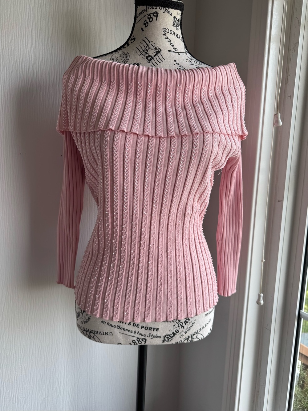 Cyrus Pink Off-the-Shoulder beaded Ribbed Knit Sweater